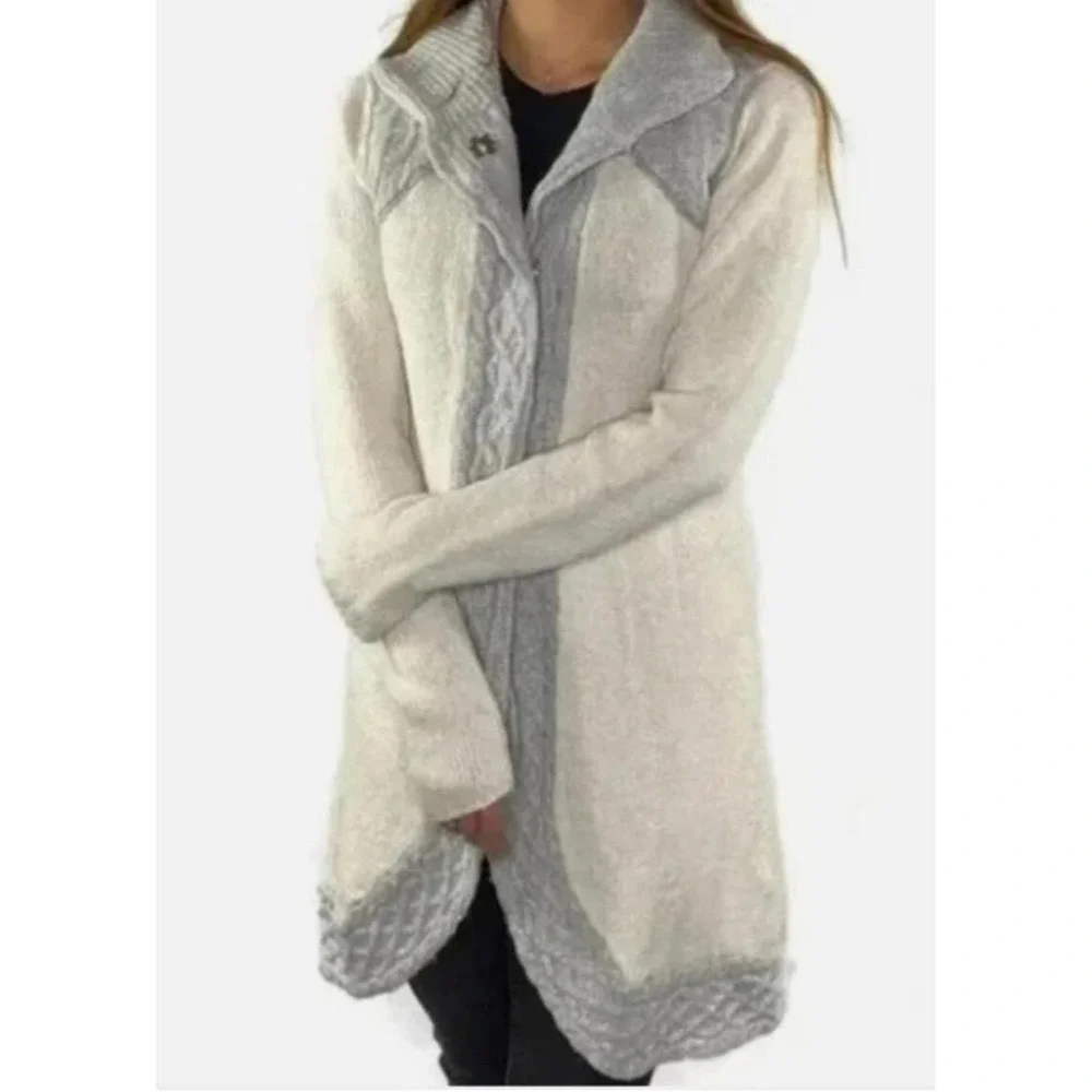 PRANA Angelica Gray & Ivory Button Up Cardigan Sweater‎ Cable Knit Accent